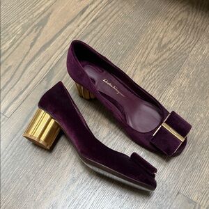 Salvatore Ferragamo Velvet Heels in Deep Burgundy with Gold Accent